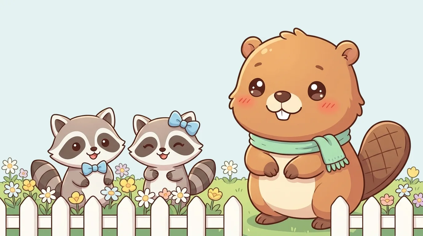 A cartoon beaver in a mint scarf peeks over a picket fence at two friendly raccoon neighbours waving from their garden.