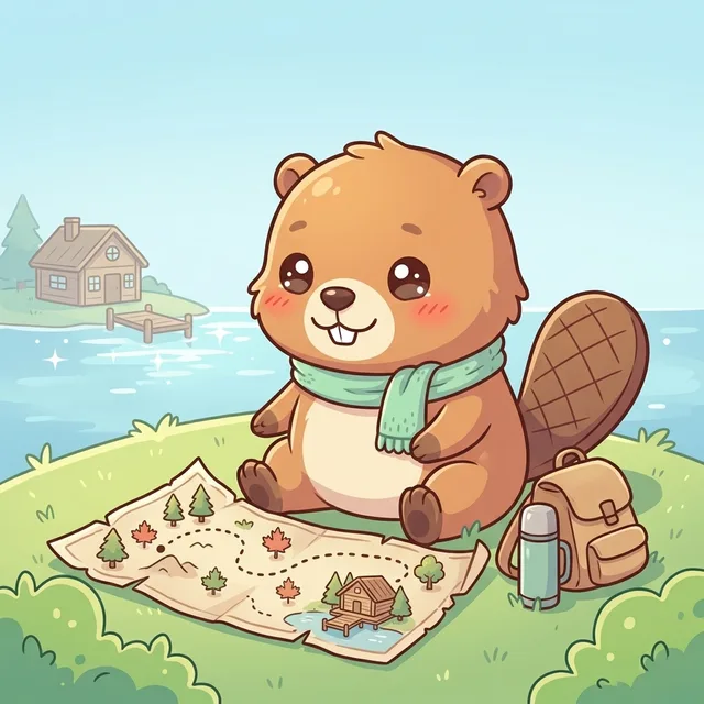 A cartoon beaver studies a hand-drawn map whose dotted trail winds past maple trees to a cozy lakeside cabin.
